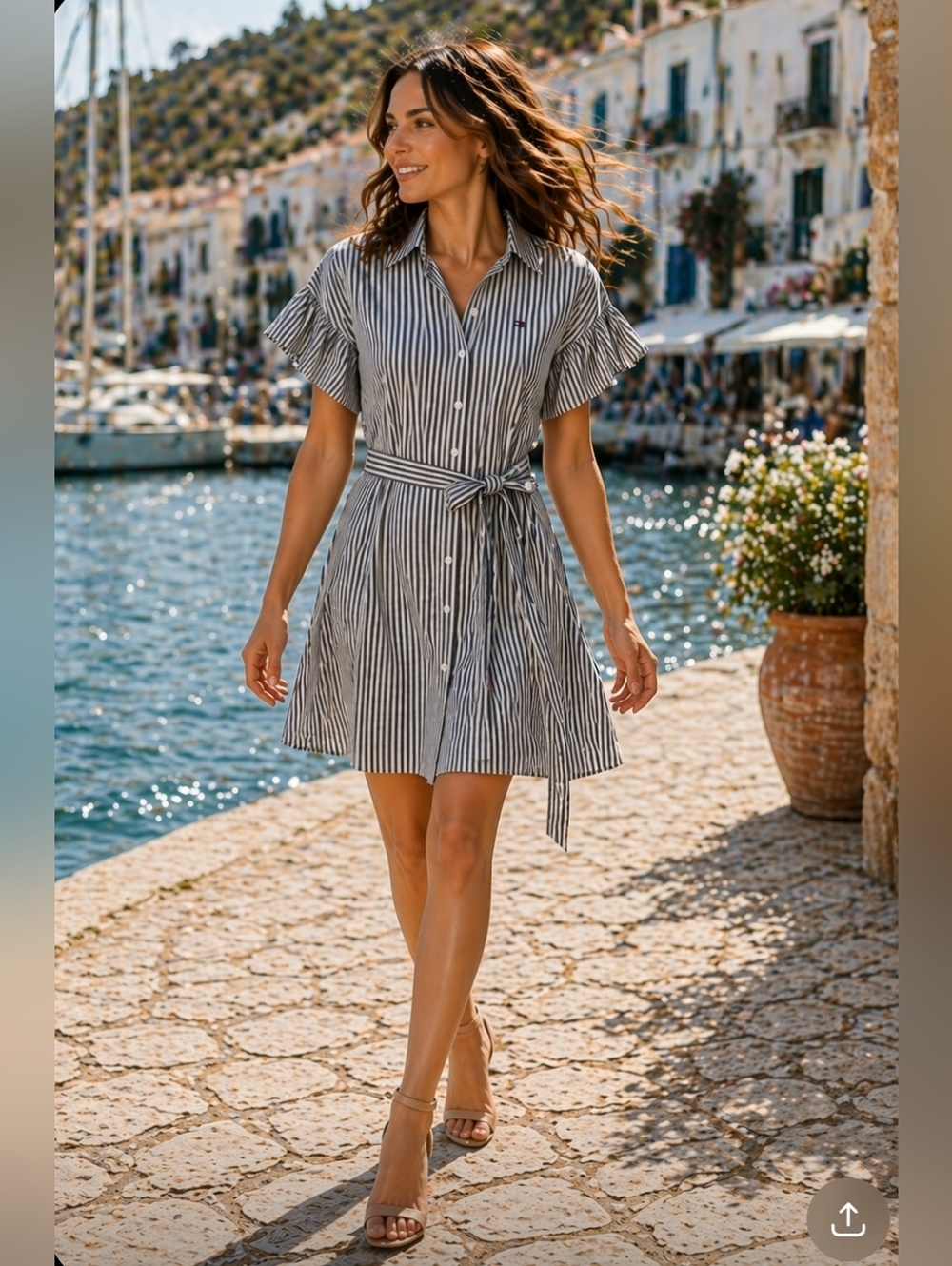 NWOT Tommy Hilfiger Striped Flutter Sleeve Button Down Shirt Dress Gray&White -4